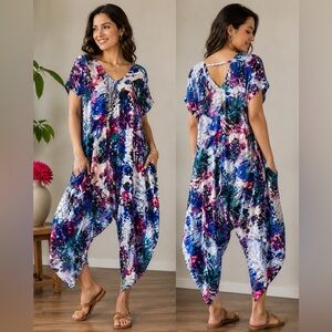 Vibrant Abstract Print Harem Jumpsuit - Blue & Pink